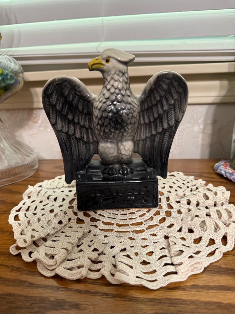 Mccoy Gray and Yellow Eagle Ceramic Figurine on Pedestal